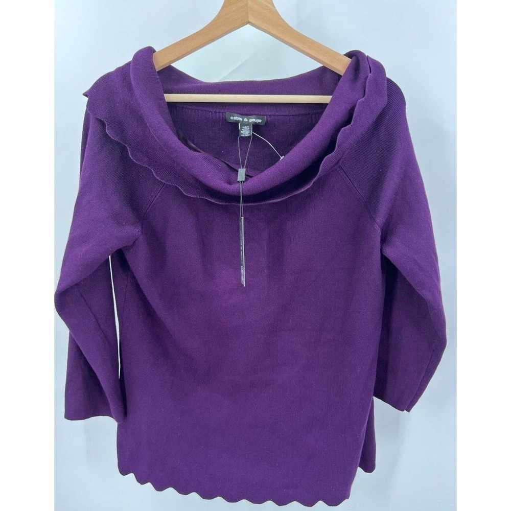 CABLE & GAUGE L Large Off Shoulder Wide Collar Scallop Edge Knit Sweater Purple